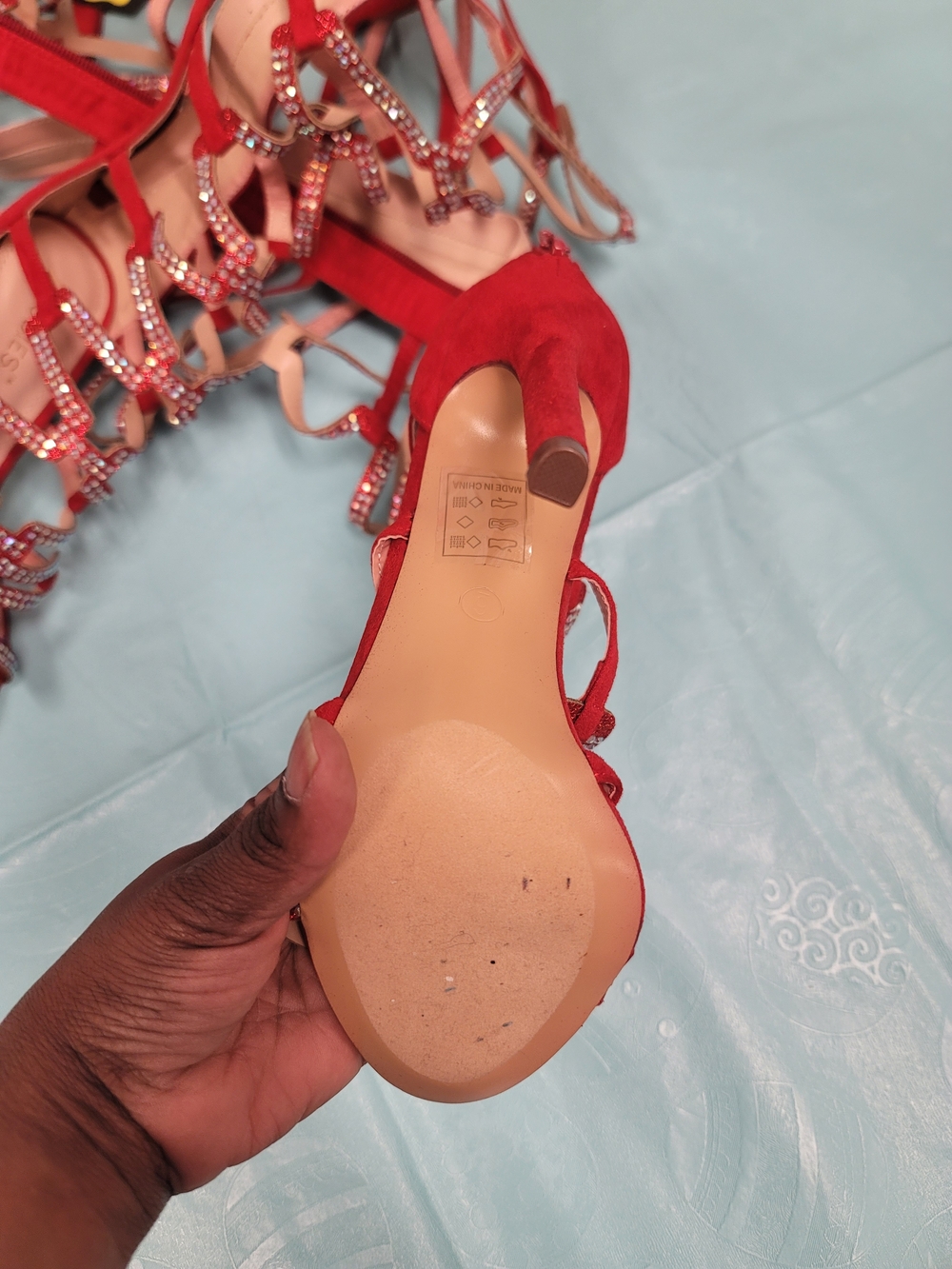 Red Gladiator Knee-High Strappy Sandals with Crystal Accents - Picture 6 of 9